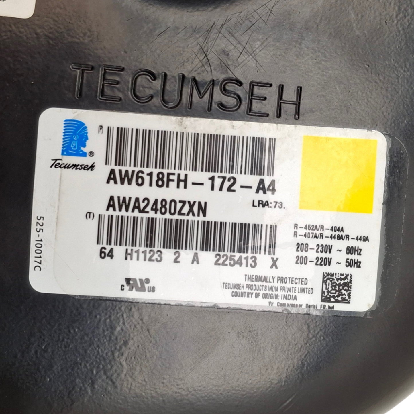 New Tecumseh AW618FH-172-A4 AWA2480ZXN APB Compressor, 2HP, 208-230VAC 60Hz, -10°F