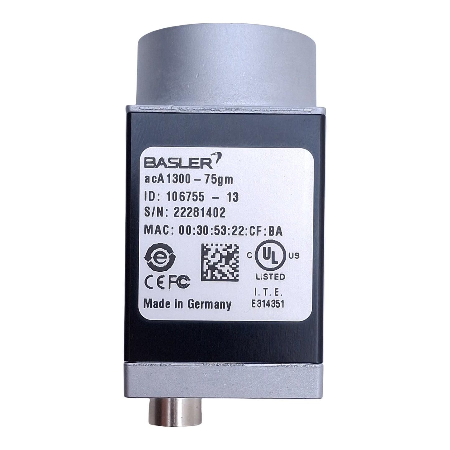 Used Basler acA1300-75gm GigE Machine Vision Camera 1280x1024, 24VDC, C Mount