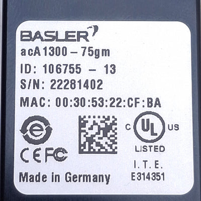 Used Basler acA1300-75gm GigE Machine Vision Camera 1280x1024, 24VDC, C Mount