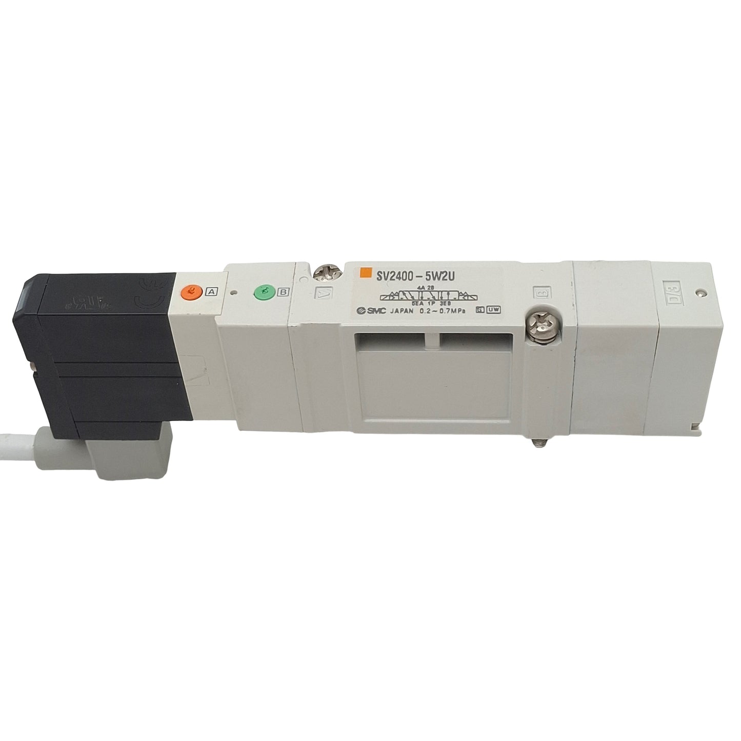 Used SMC SV2400-5W2U Solenoid Valve, 3-Way, 0.2-0.7MPa, 4-Pin M12 Male, 24VDC Coil