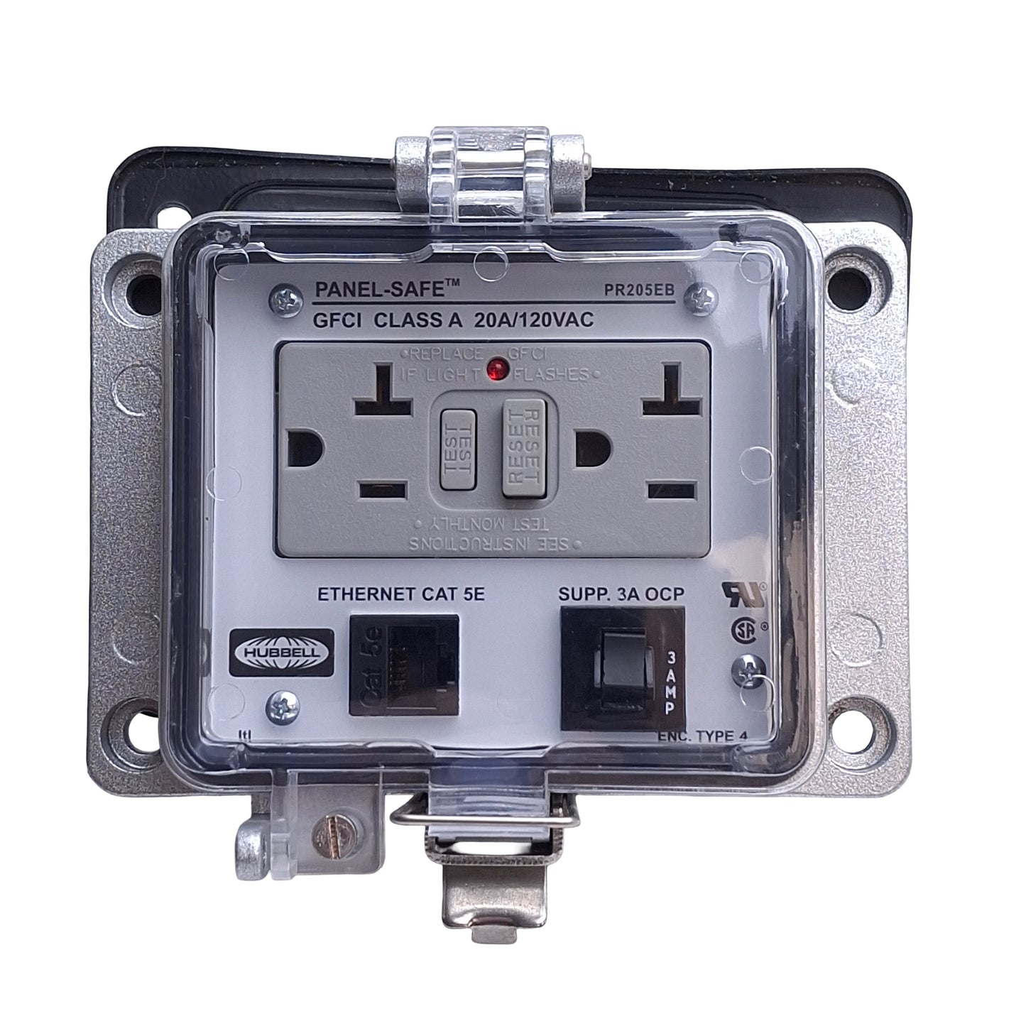 Used Hubbell PR205EB Power & Data Receptacle GFCI, 120VAC/20A Duplex, Ethernet