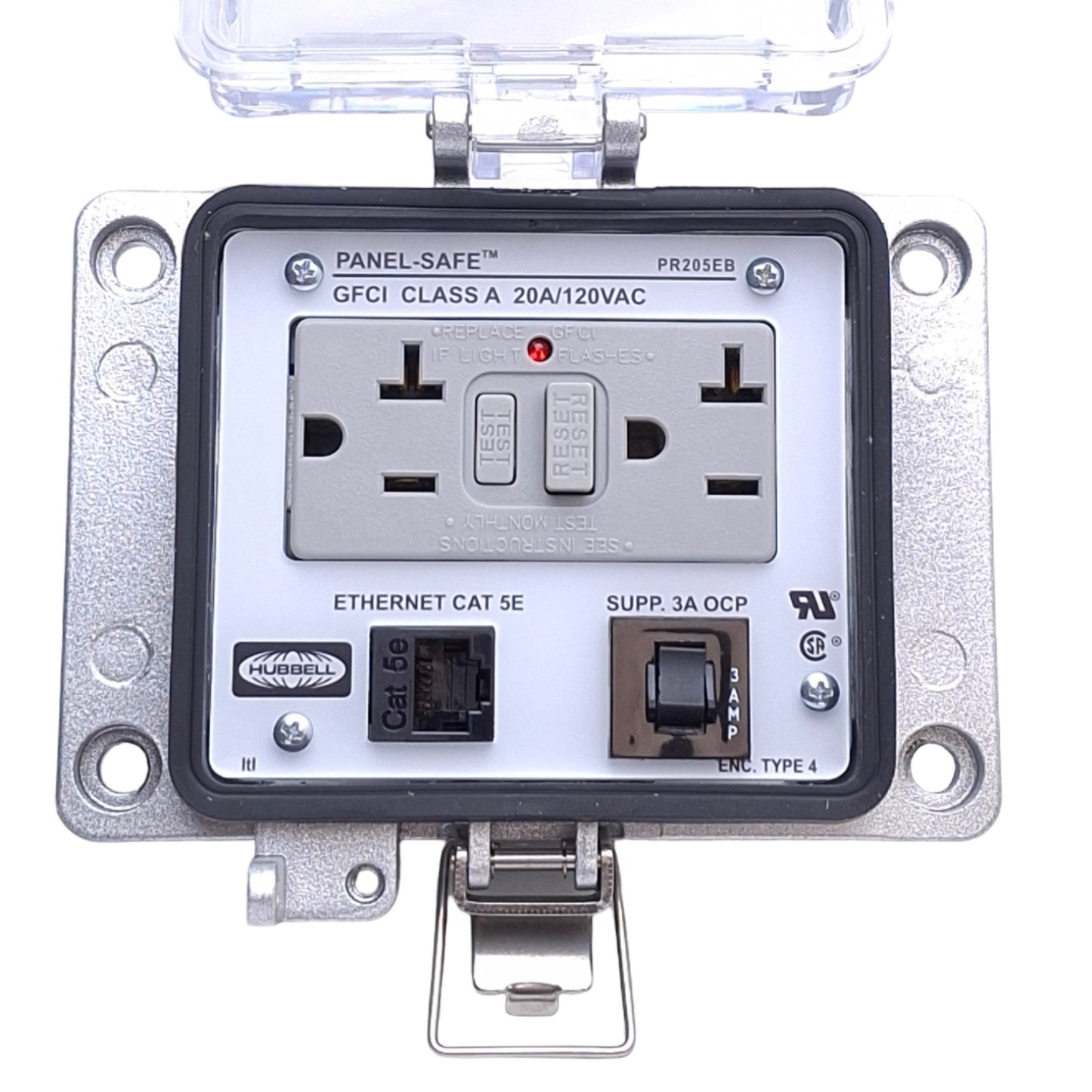 Used Hubbell PR205EB Power & Data Receptacle GFCI, 120VAC/20A Duplex, Ethernet