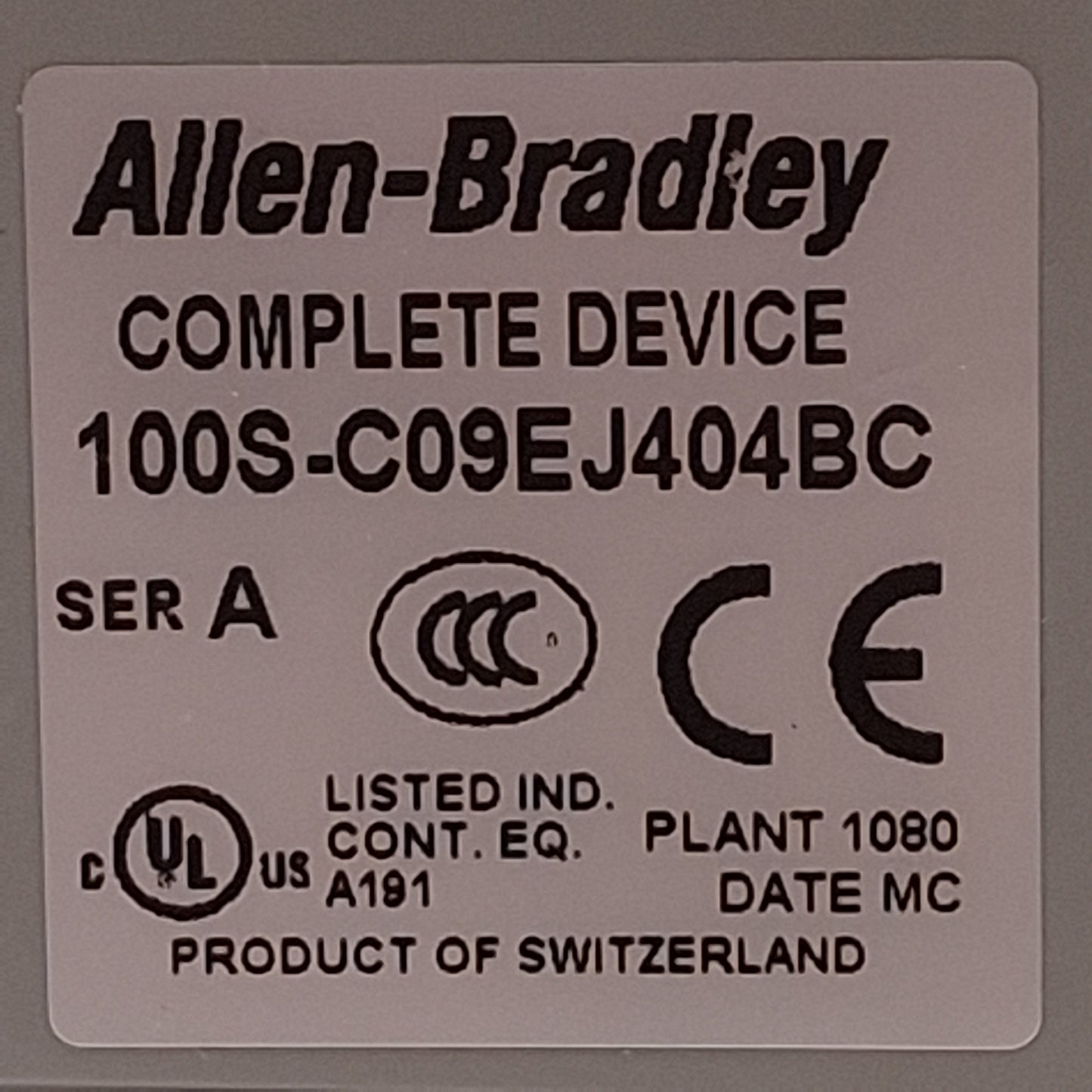 Used Allen Bradley 100S-C09EJ404BC Safety Contactor, 9A, 4NO+4NC Aux, 24VDC Coil