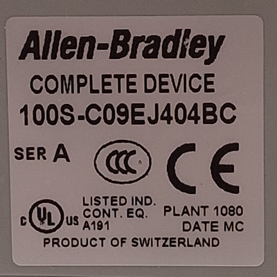 Used Allen Bradley 100S-C09EJ404BC Safety Contactor, 9A, 4NO+4NC Aux, 24VDC Coil