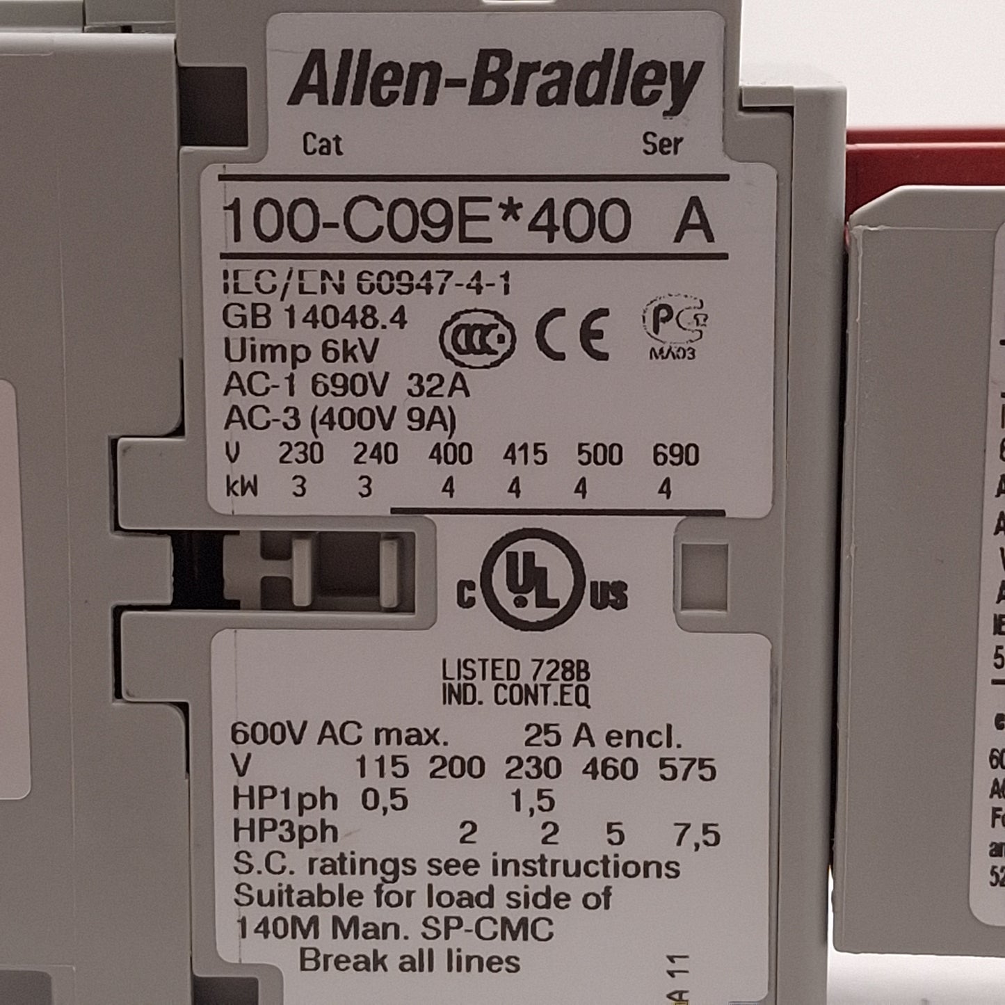 Used Allen Bradley 100S-C09EJ404BC Safety Contactor, 9A, 4NO+4NC Aux, 24VDC Coil