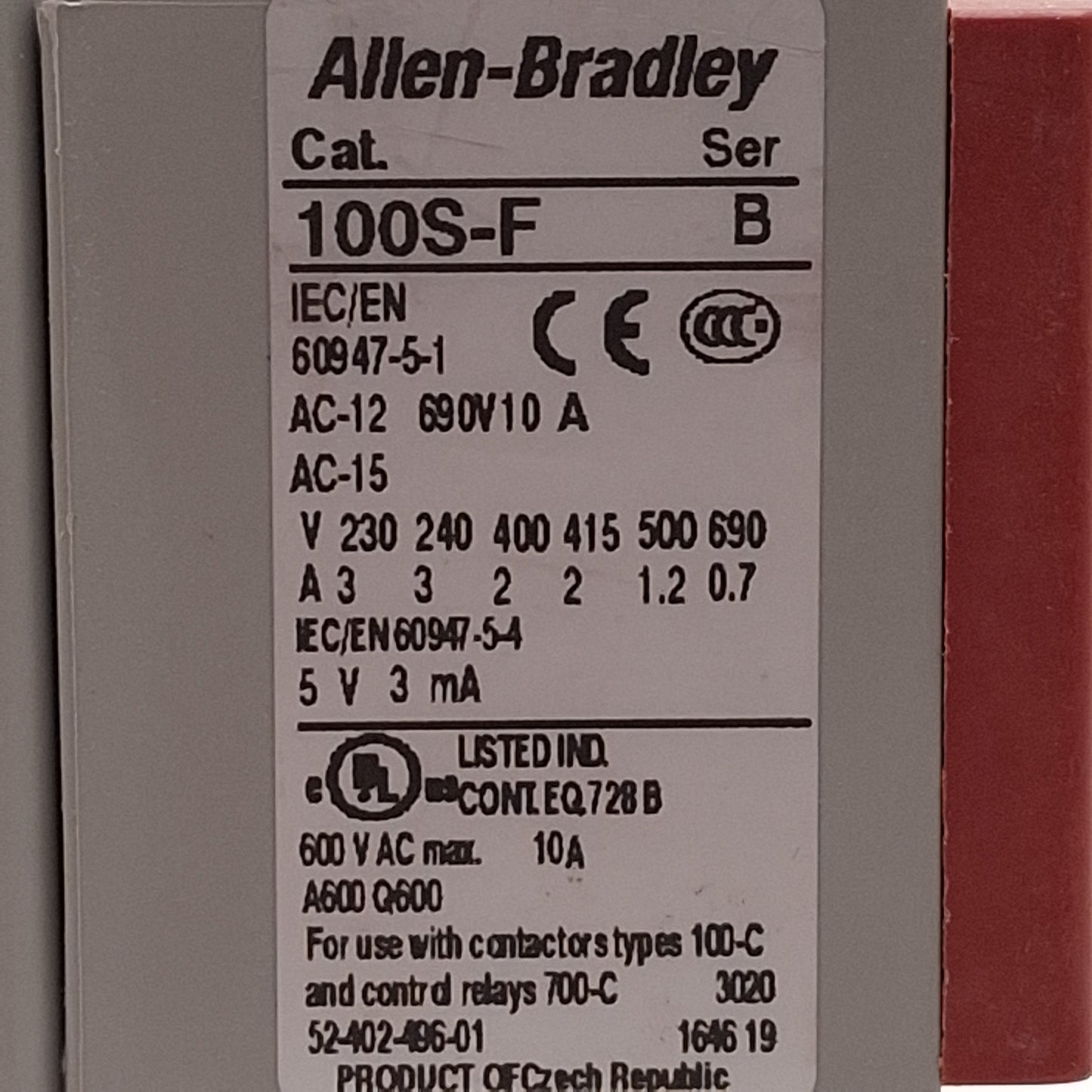 Used Allen Bradley 100S-C09EJ404BC Safety Contactor, 9A, 4NO+4NC Aux, 24VDC Coil