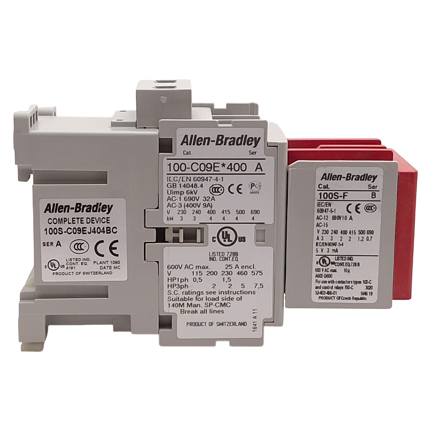 Used Allen Bradley 100S-C09EJ404BC Safety Contactor, 9A, 4NO+4NC Aux, 24VDC Coil