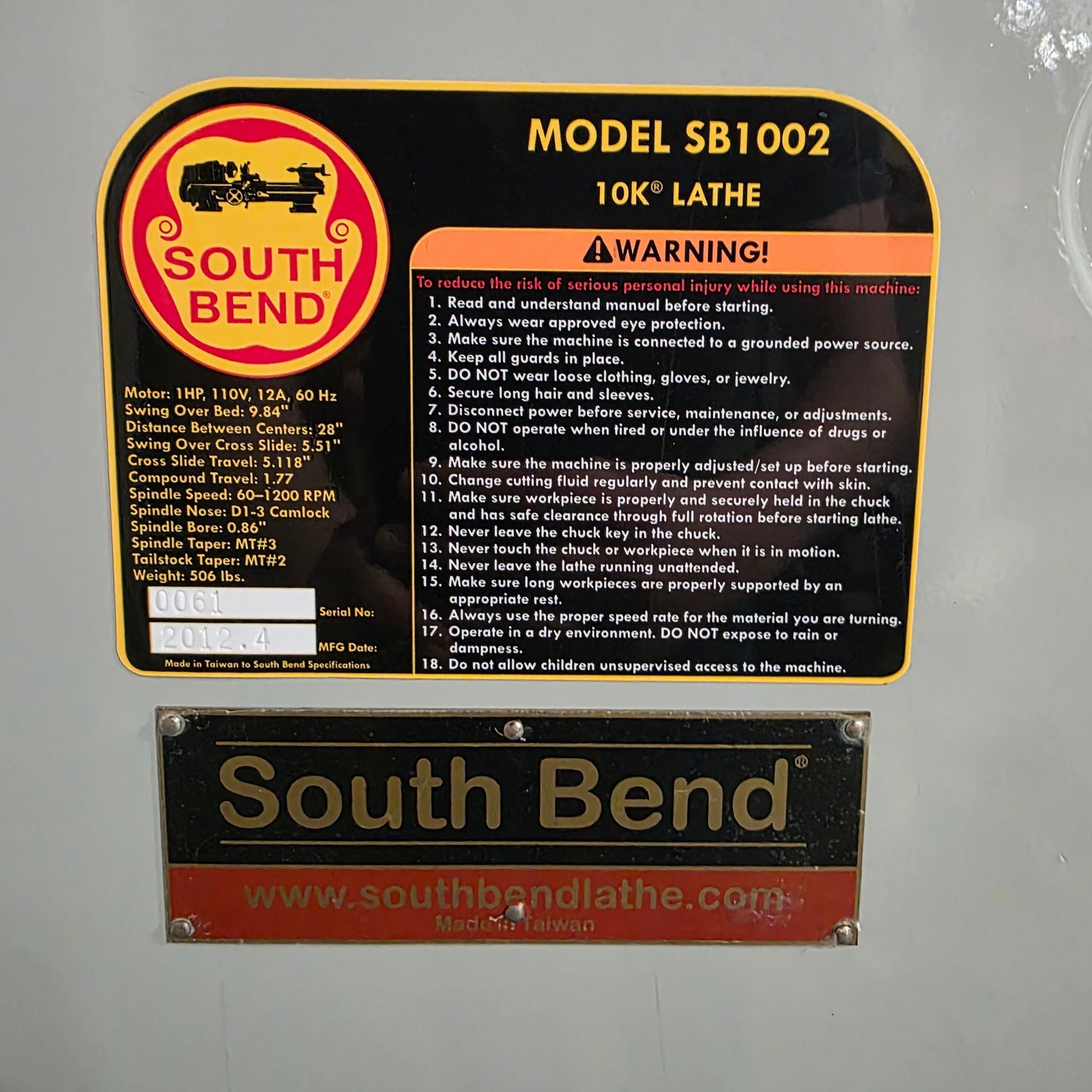 Used South Bend SB1002 10K-28" Bench Lathe 9.84" Swing 28" Between Centers 1HP 120VAC