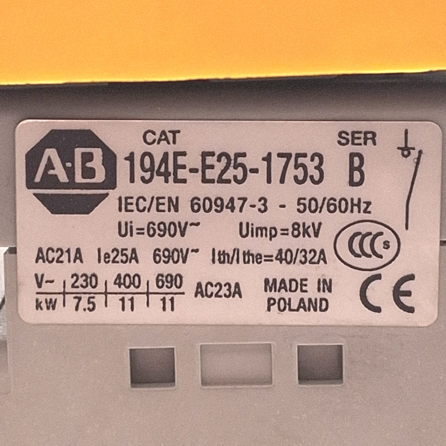 Used Allen Bradley 194E-E25-1753 Disconnect Switch, 3-Pole, 3Ø 25A 600VAC 10HP