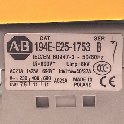 Used Allen Bradley 194E-E25-1753 Disconnect Switch, 3-Pole, 3Ø 25A 600VAC 10HP
