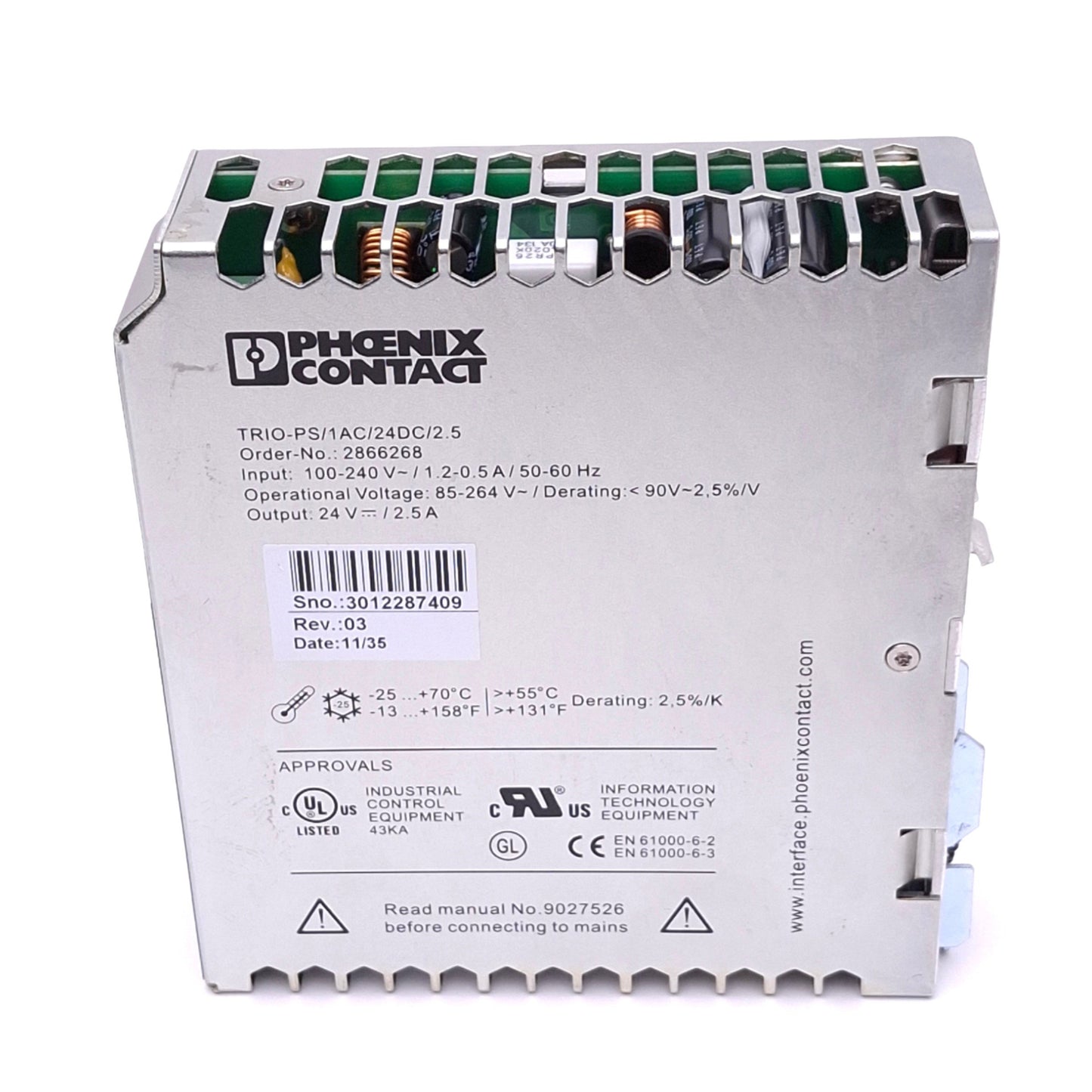 Used Phoenix Contact 2866268 TRIO POWER Power Supply, 100-240VAC In, 24VDC 2.5A Out