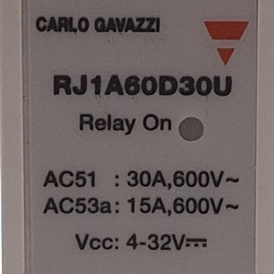 Used Carlo Gavazzi RJ1A60D30U Solid State Relay, 30A 600VAC Load, 4-32VDC Control