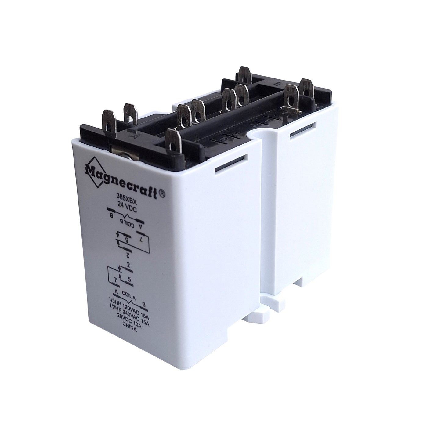 Used Magnecraft 385XBX-24D Latching Relay, DPDT, 24VDC Coil, 240VAC 15A Rating