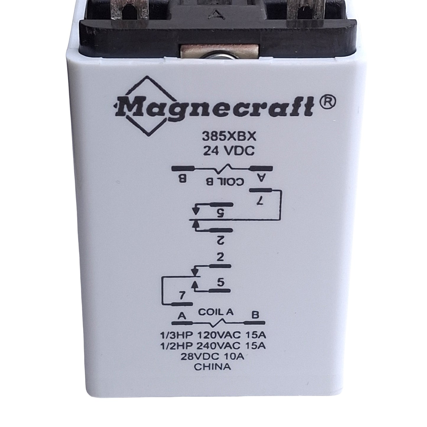 Used Magnecraft 385XBX-24D Latching Relay, DPDT, 24VDC Coil, 240VAC 15A Rating