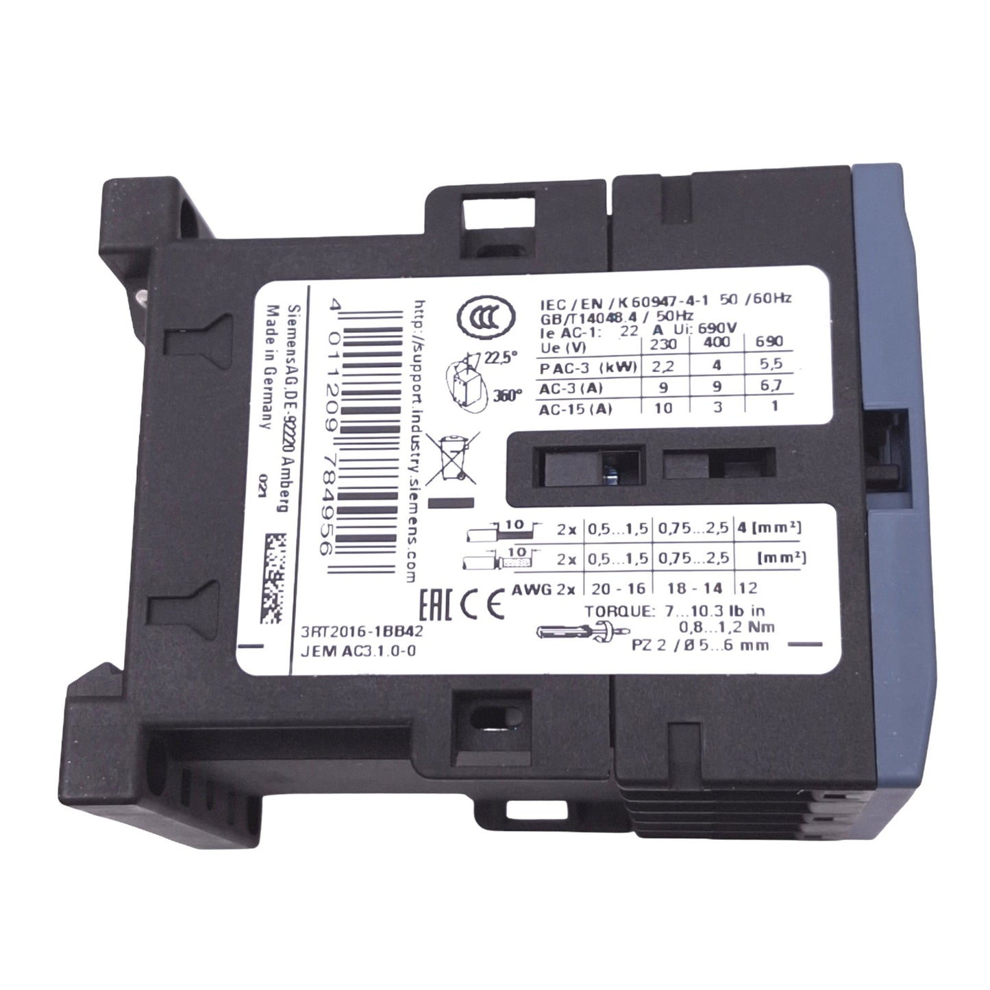 Used Siemens 3RT2016-1BB42 SIRIUS Contactor, 3-Pole NO, 1NC Aux, 9A Max, 24VDC Coil
