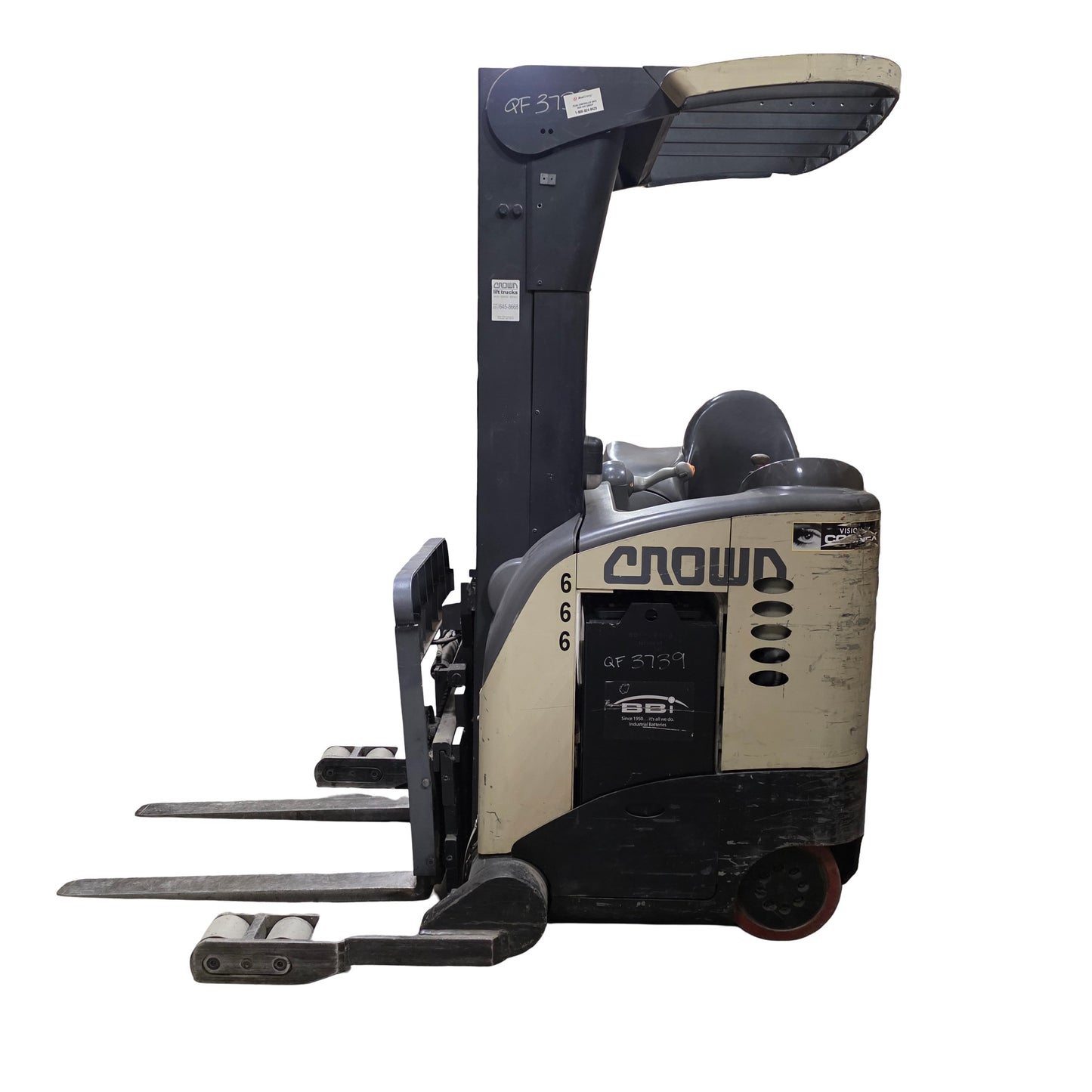 Used Crown RR5010-35 Narrow Aisle Reach Truck W/ Sideshift 3500Lbs Cap 198" Lift 24V