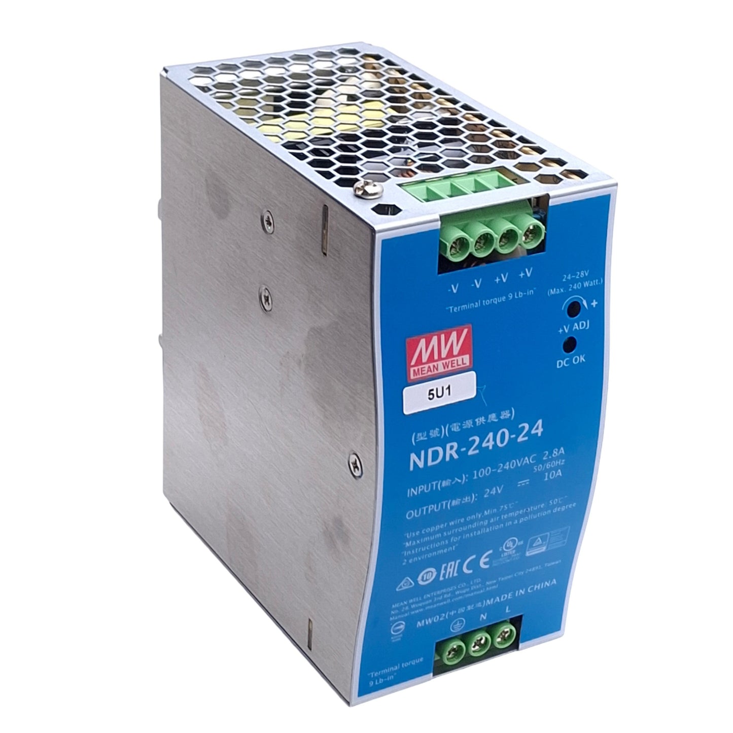 Used Meanwell NDR-240-24 Power Supply, 100-240VAC 2.8A Input, 24VDC 10A Output, 240W