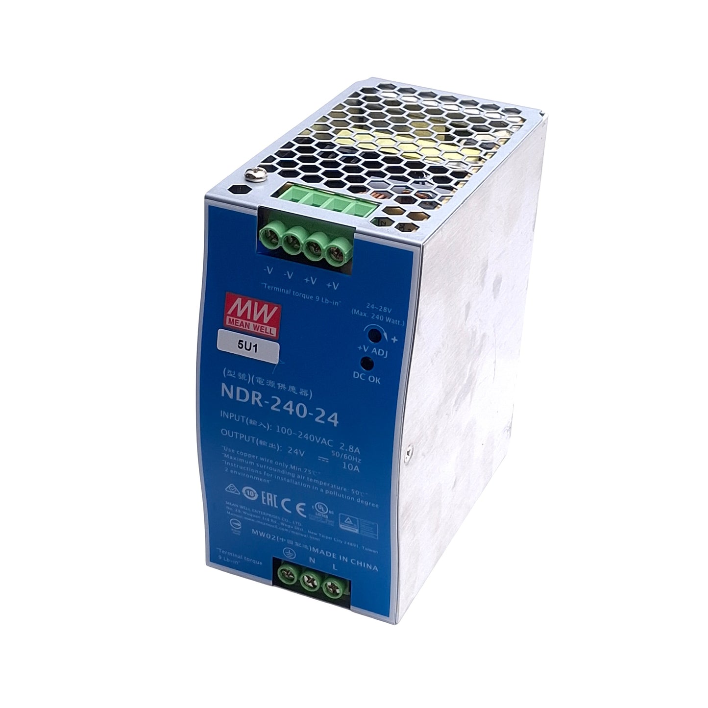 Used Meanwell NDR-240-24 Power Supply, 100-240VAC 2.8A Input, 24VDC 10A Output, 240W