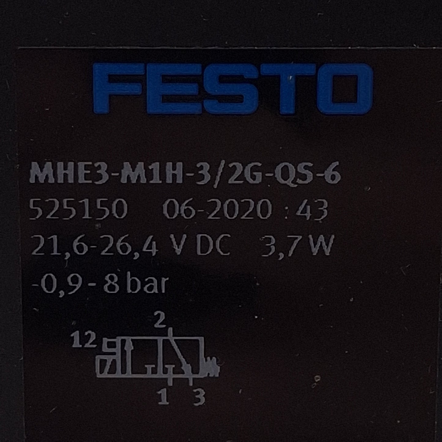 Used Festo MHE3-M1H-3/2G-QS-6 Solenoid Valve, 3/2-Way, -0.9-8bar, QS-6, 24VDC Coil