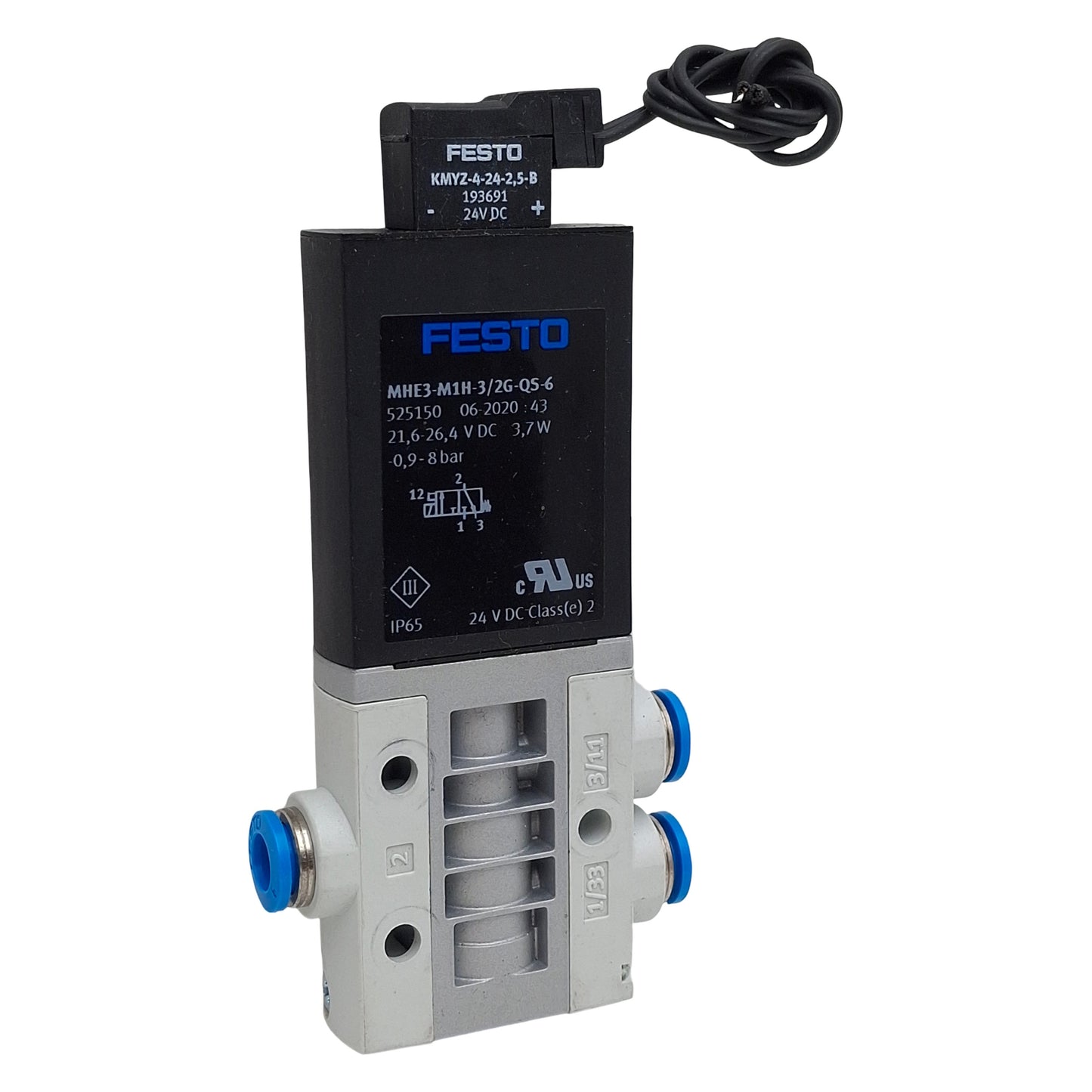 Used Festo MHE3-M1H-3/2G-QS-6 Solenoid Valve, 3/2-Way, -0.9-8bar, QS-6, 24VDC Coil