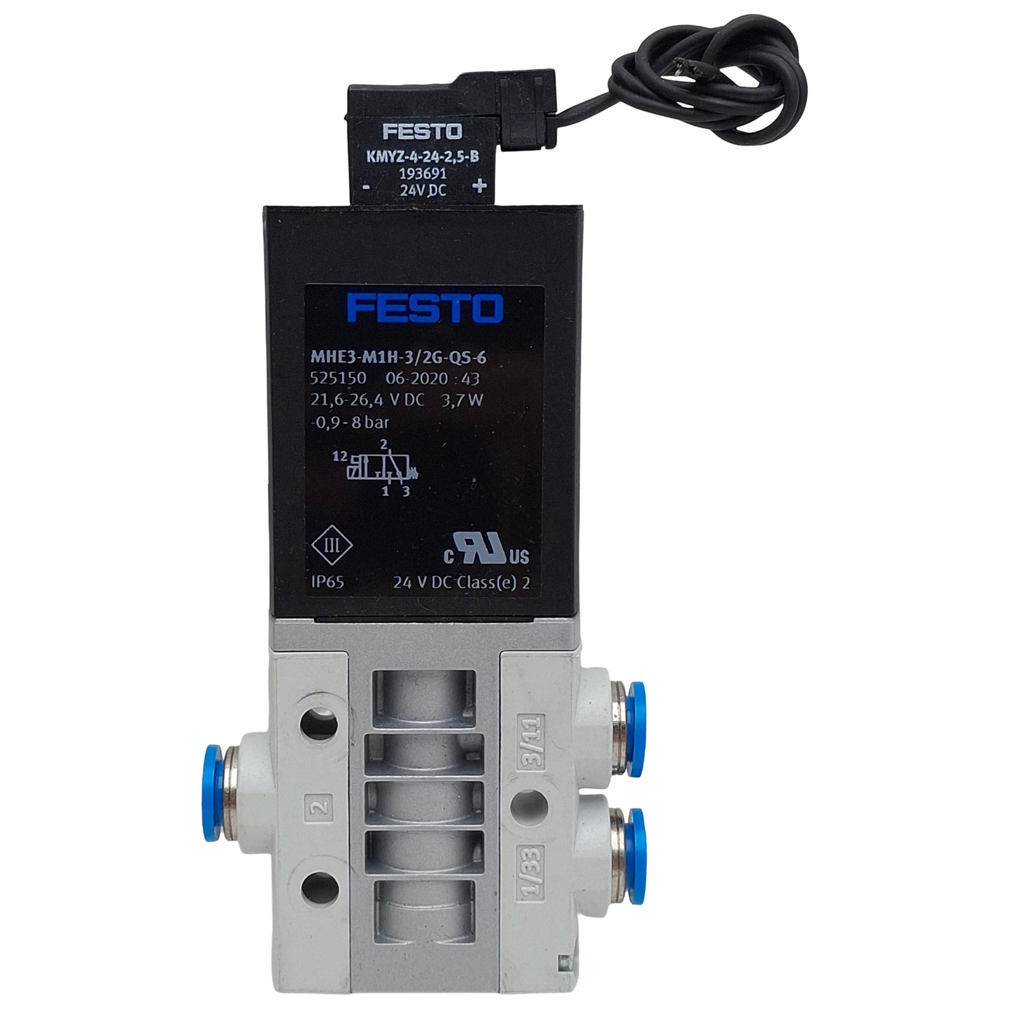Used Festo MHE3-M1H-3/2G-QS-6 Solenoid Valve, 3/2-Way, -0.9-8bar, QS-6, 24VDC Coil