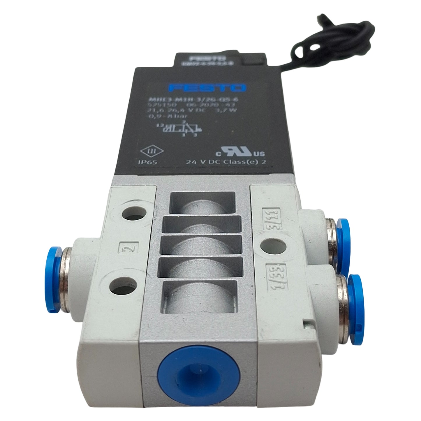 Used Festo MHE3-M1H-3/2G-QS-6 Solenoid Valve, 3/2-Way, -0.9-8bar, QS-6, 24VDC Coil