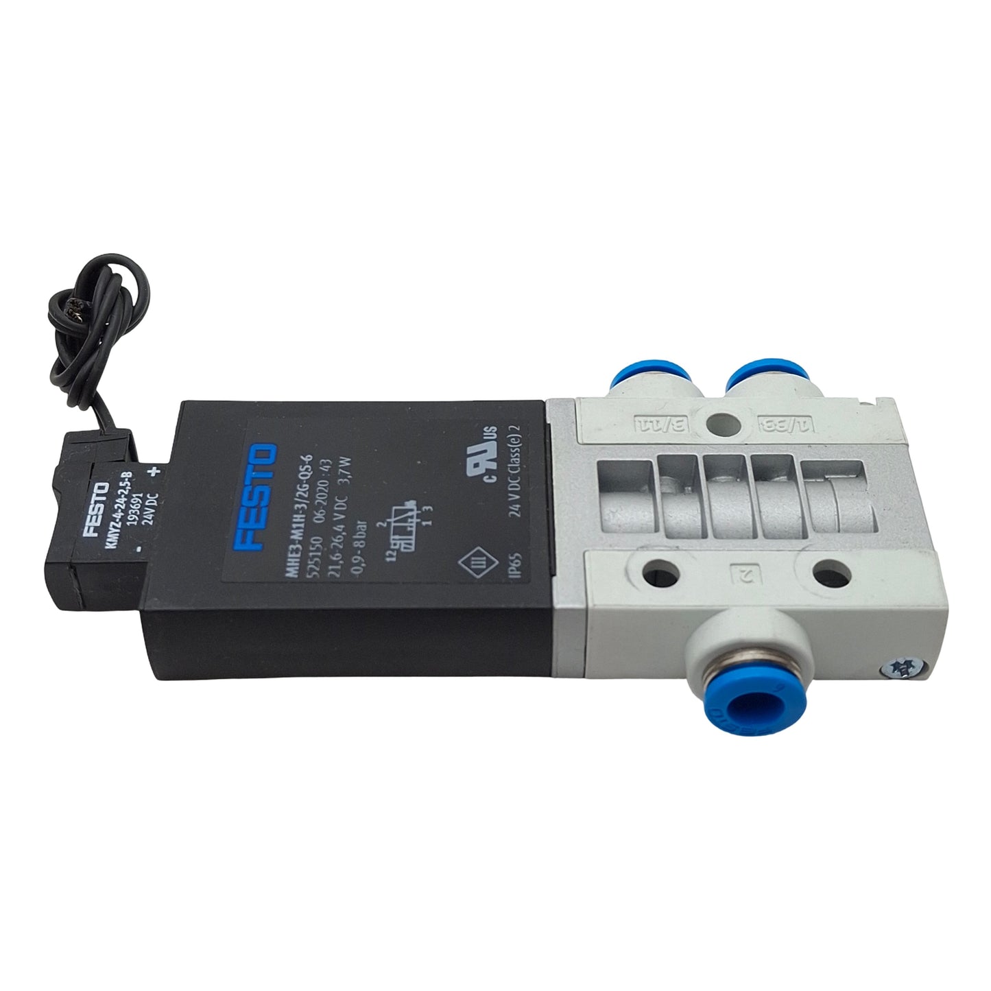 Used Festo MHE3-M1H-3/2G-QS-6 Solenoid Valve, 3/2-Way, -0.9-8bar, QS-6, 24VDC Coil