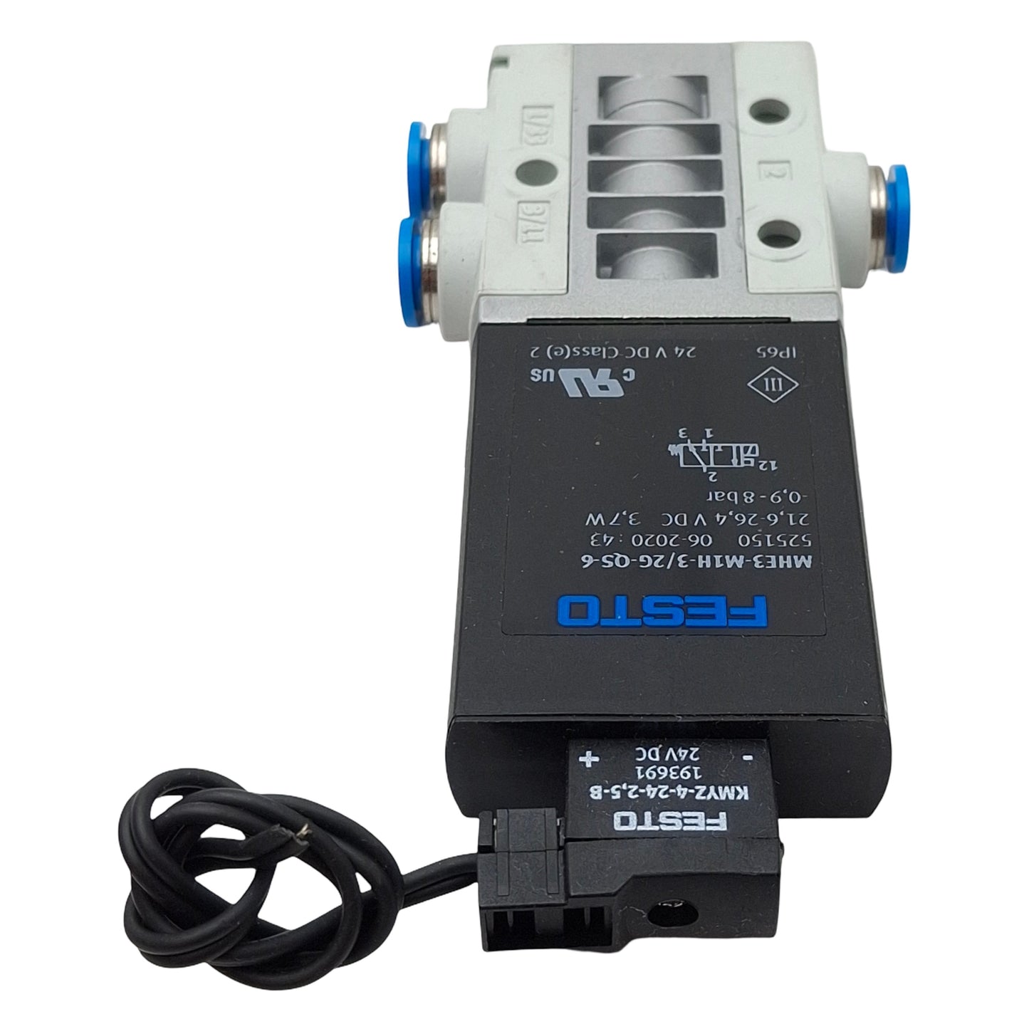Used Festo MHE3-M1H-3/2G-QS-6 Solenoid Valve, 3/2-Way, -0.9-8bar, QS-6, 24VDC Coil