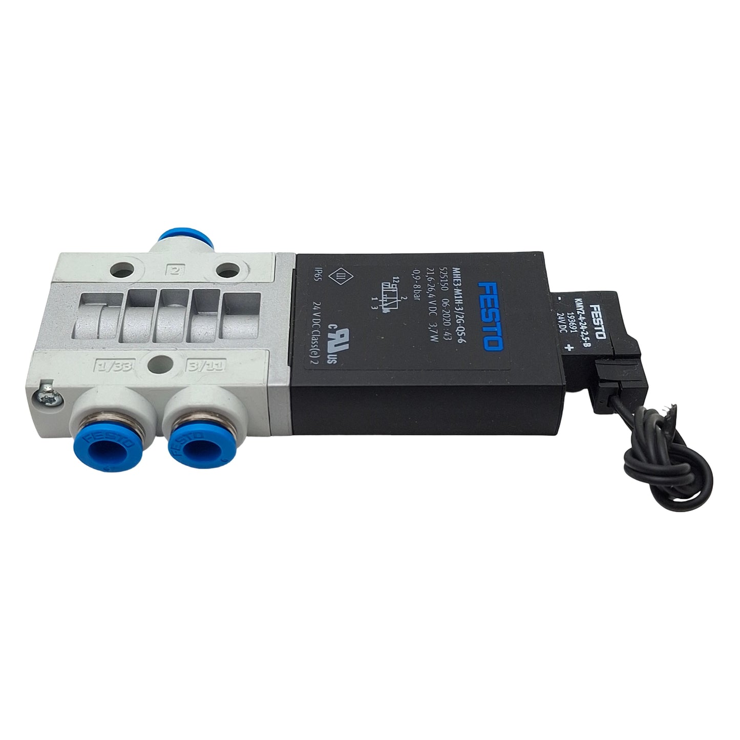 Used Festo MHE3-M1H-3/2G-QS-6 Solenoid Valve, 3/2-Way, -0.9-8bar, QS-6, 24VDC Coil