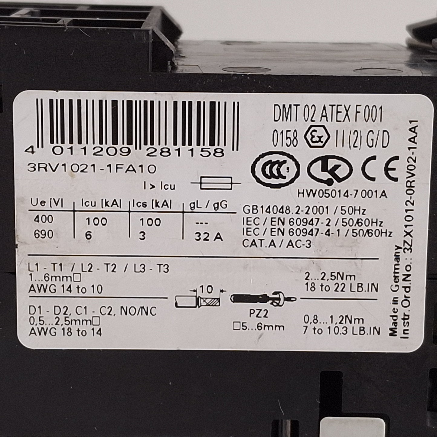 Used Siemens 3RV1021-1FA10 Motor Circuit Breaker w/ Aux Switch 3.5-5A 5HP @ 3Ø 600VAC