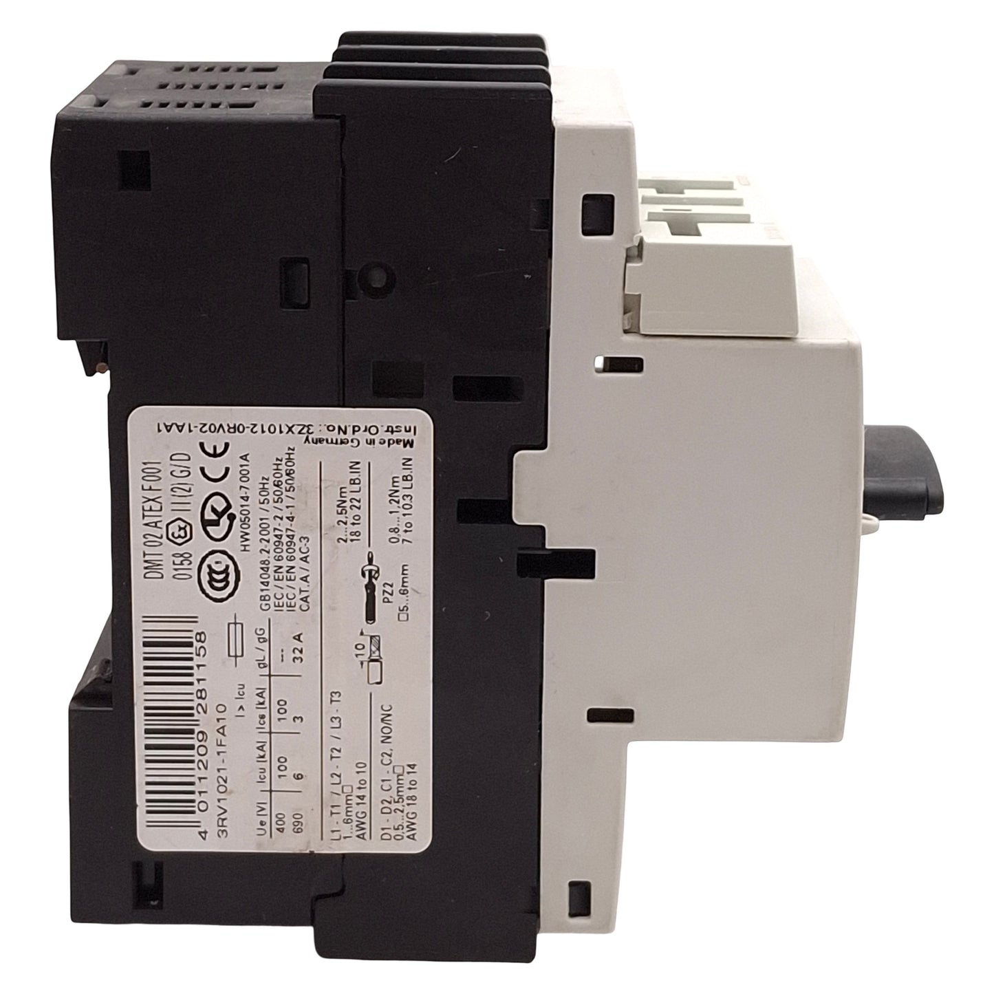 Used Siemens 3RV1021-1FA10 Motor Circuit Breaker w/ Aux Switch 3.5-5A 5HP @ 3Ø 600VAC