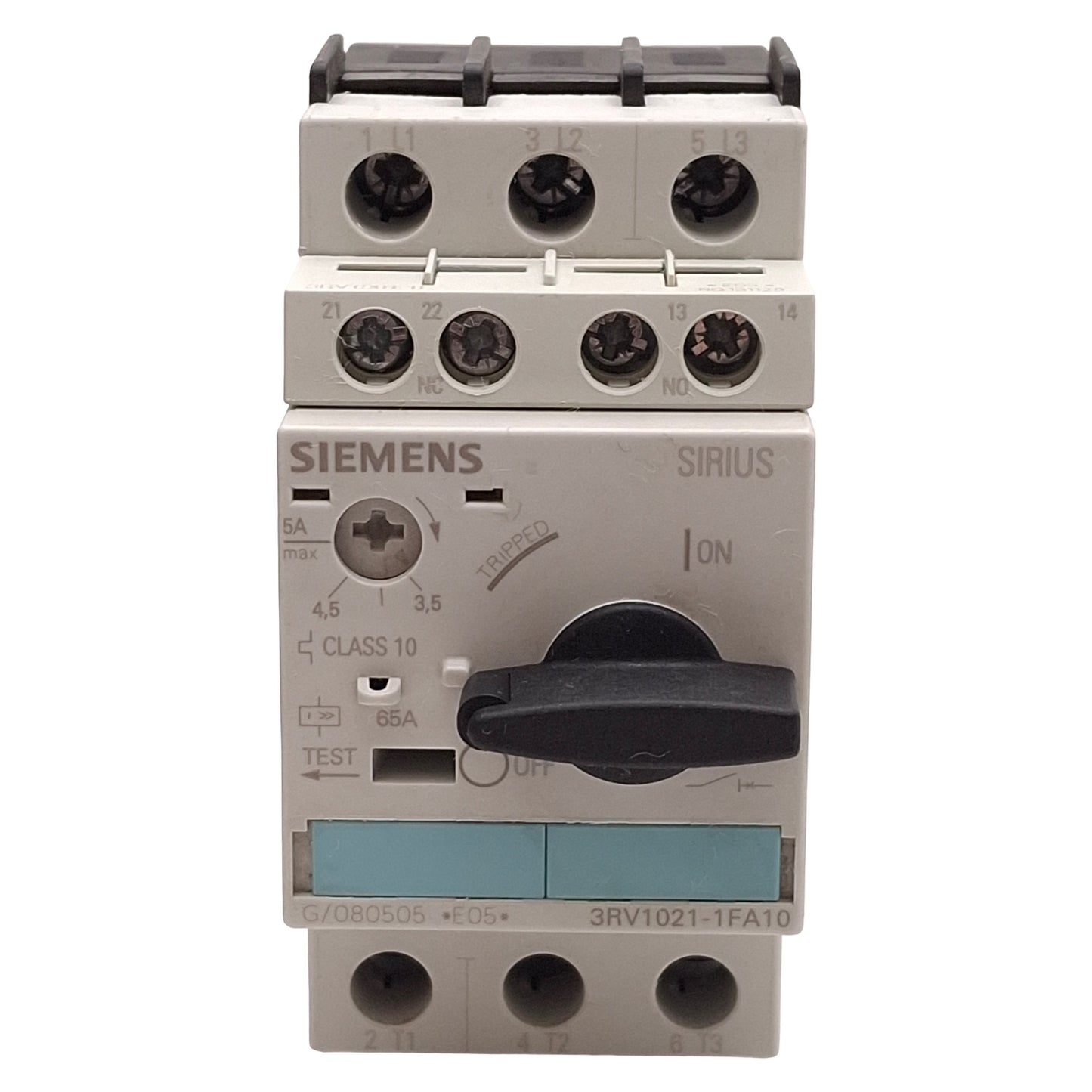 Used Siemens 3RV1021-1FA10 Motor Circuit Breaker w/ Aux Switch 3.5-5A 5HP @ 3Ø 600VAC