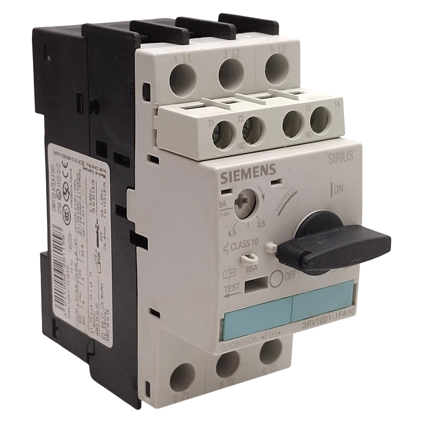 Used Siemens 3RV1021-1FA10 Motor Circuit Breaker w/ Aux Switch 3.5-5A 5HP @ 3Ø 600VAC