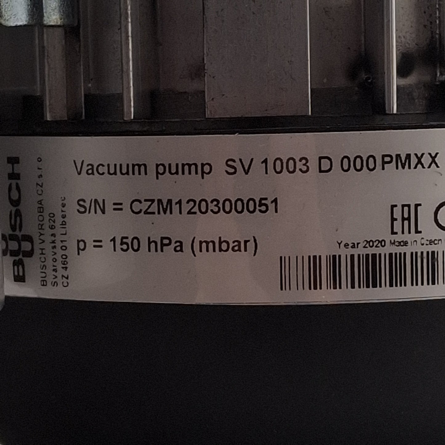 Used Busch SV 1003 D 000 PMXX Vacuum Pump, 150mbar, 3200rpm, 0.12kW, 110-120VAC