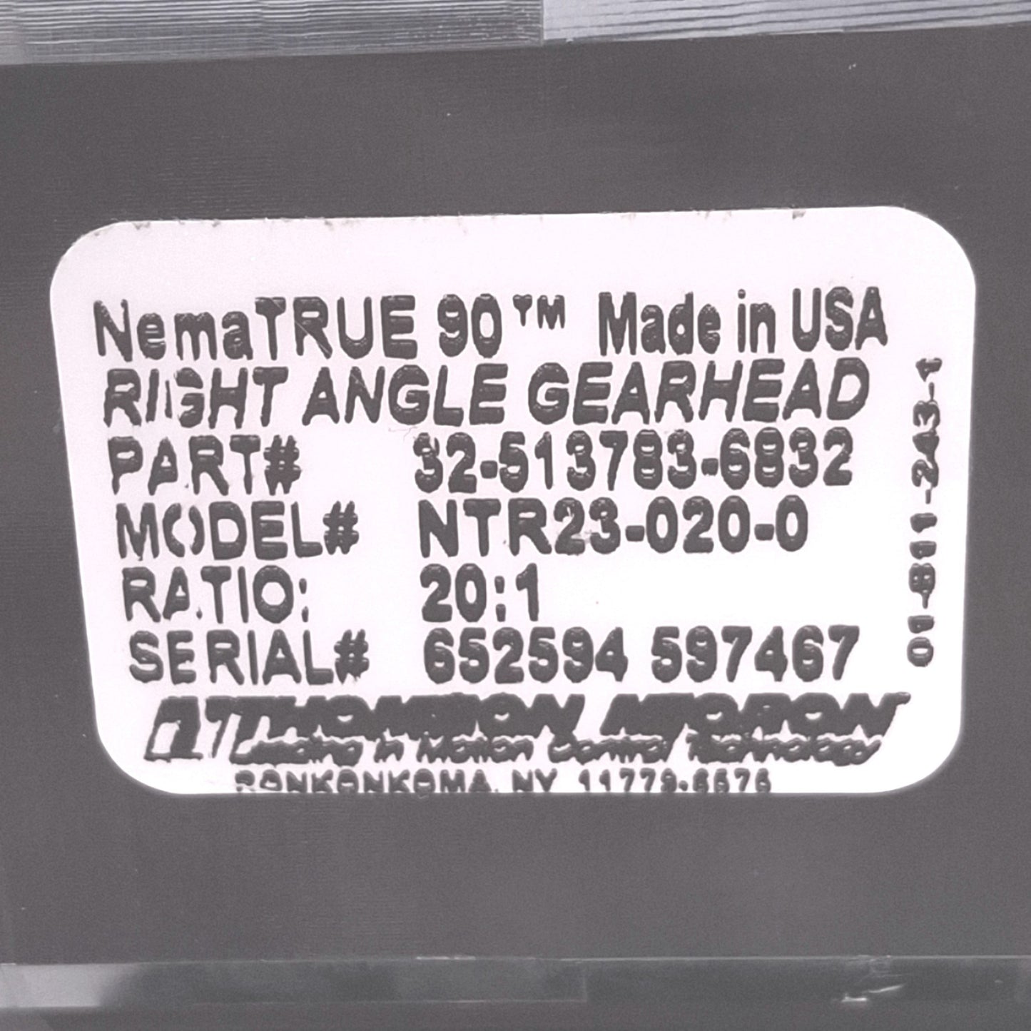Used Thomson Micron 32-513783-6832 NTR23-020-0 NemaTRUE 90 Right Angle Gearhead, 20:1