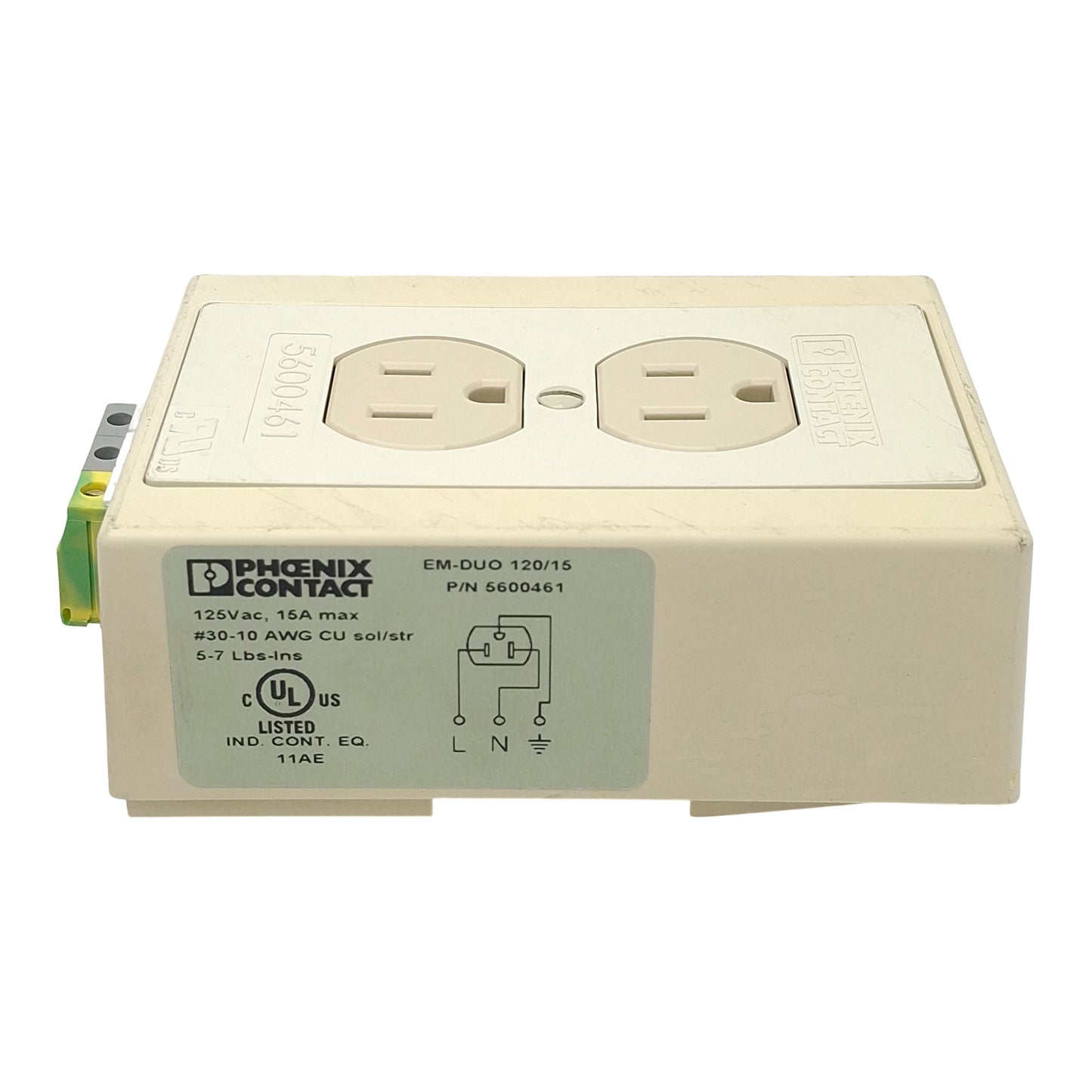 Used Phoenix Contact 5600461 Standard Duplex Receptacle, 6-Pole, 120VAC 15A, DIN Rail