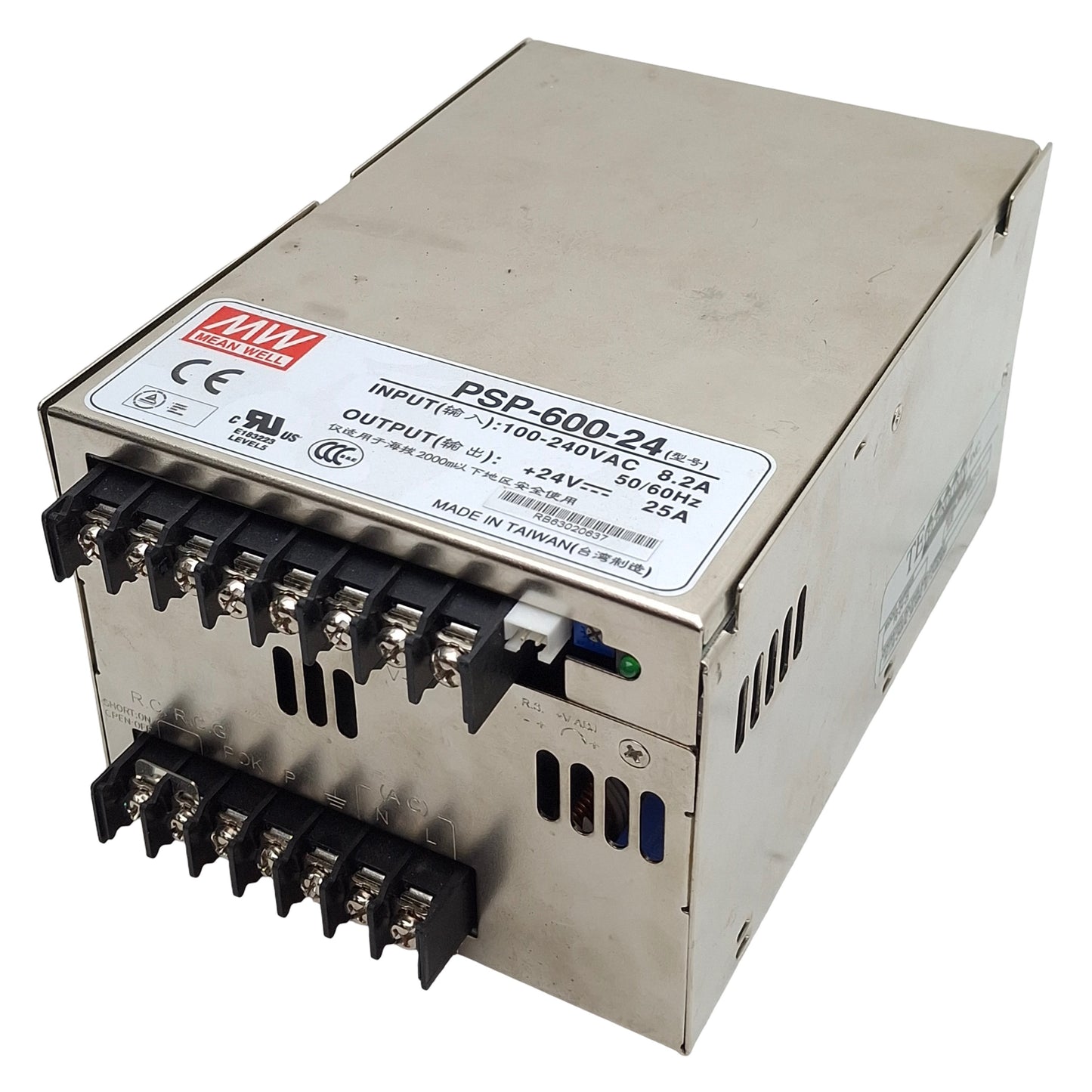 Used Meanwell PSP-600-24 Power Supply, 100-240VAC In, 25A 24VDC Out, 600W Max