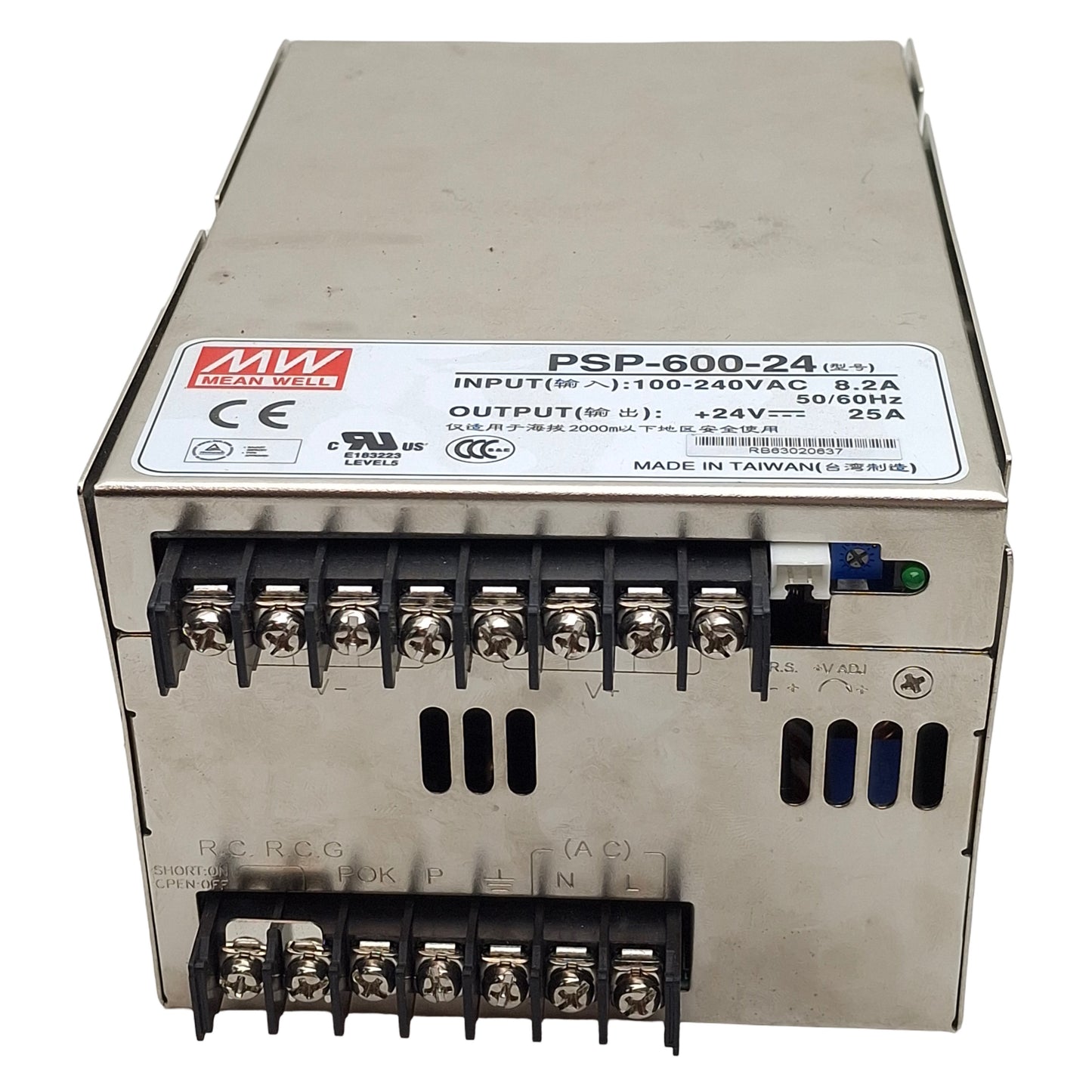 Used Meanwell PSP-600-24 Power Supply, 100-240VAC In, 25A 24VDC Out, 600W Max
