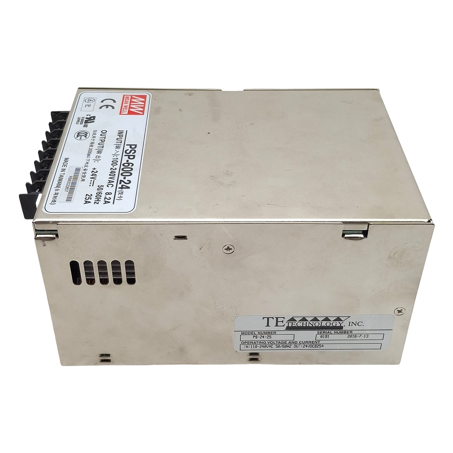 Used Meanwell PSP-600-24 Power Supply, 100-240VAC In, 25A 24VDC Out, 600W Max