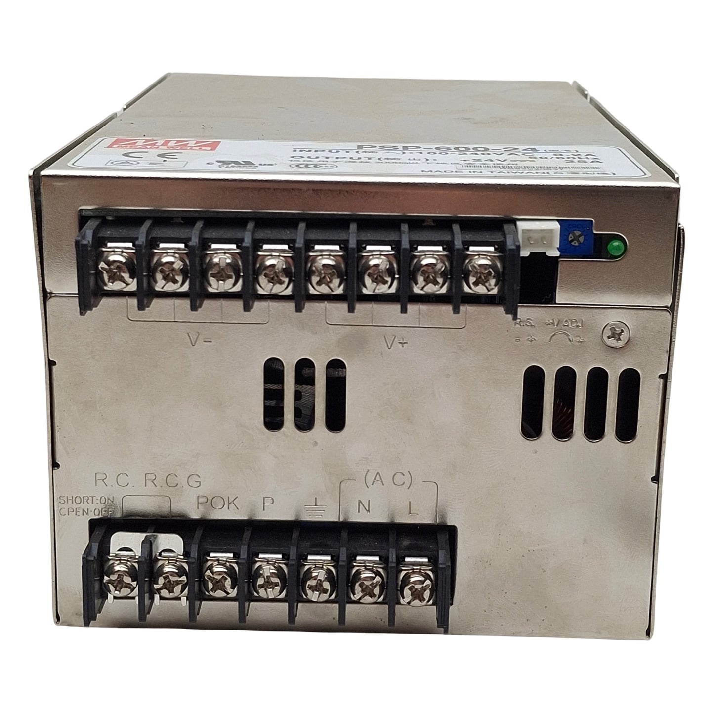 Used Meanwell PSP-600-24 Power Supply, 100-240VAC In, 25A 24VDC Out, 600W Max