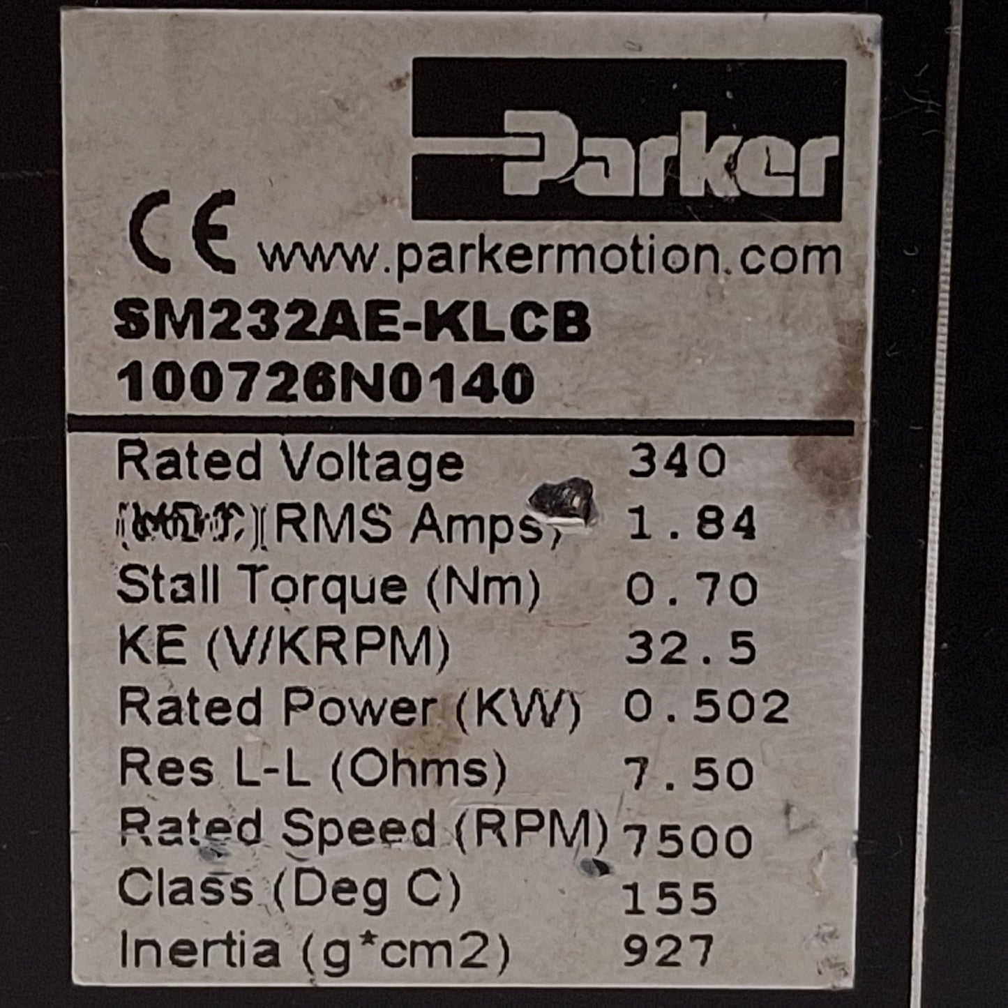 Used Parker SM232AE-KLCB Servo Motor 0.502kW 340VDC Bus 7500rpm, 24VDC Brake, NEMA 23