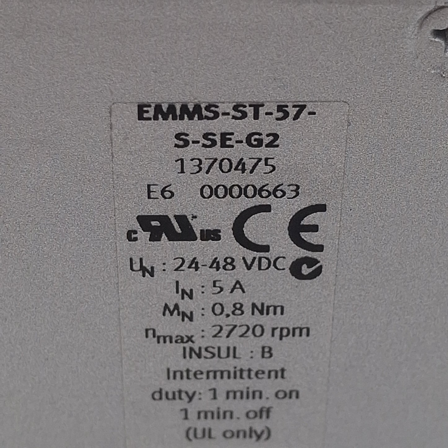 Used Festo EMMS-ST-57-S-SE-G2 Stepper Motor, 2-Phase, 1.8°/Step, 24-48VDC, NEMA23
