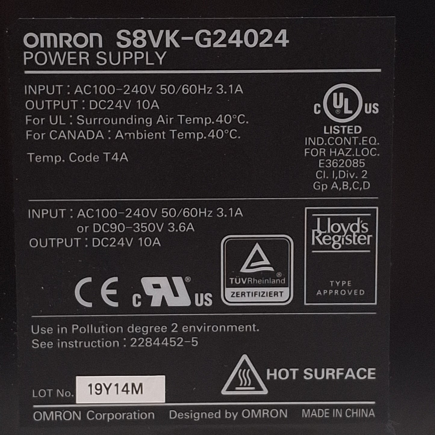 Used Omron S8VK-G24024 Switch Mode Power Supply, 100-240VAC Input, 24VDC Output, 240W