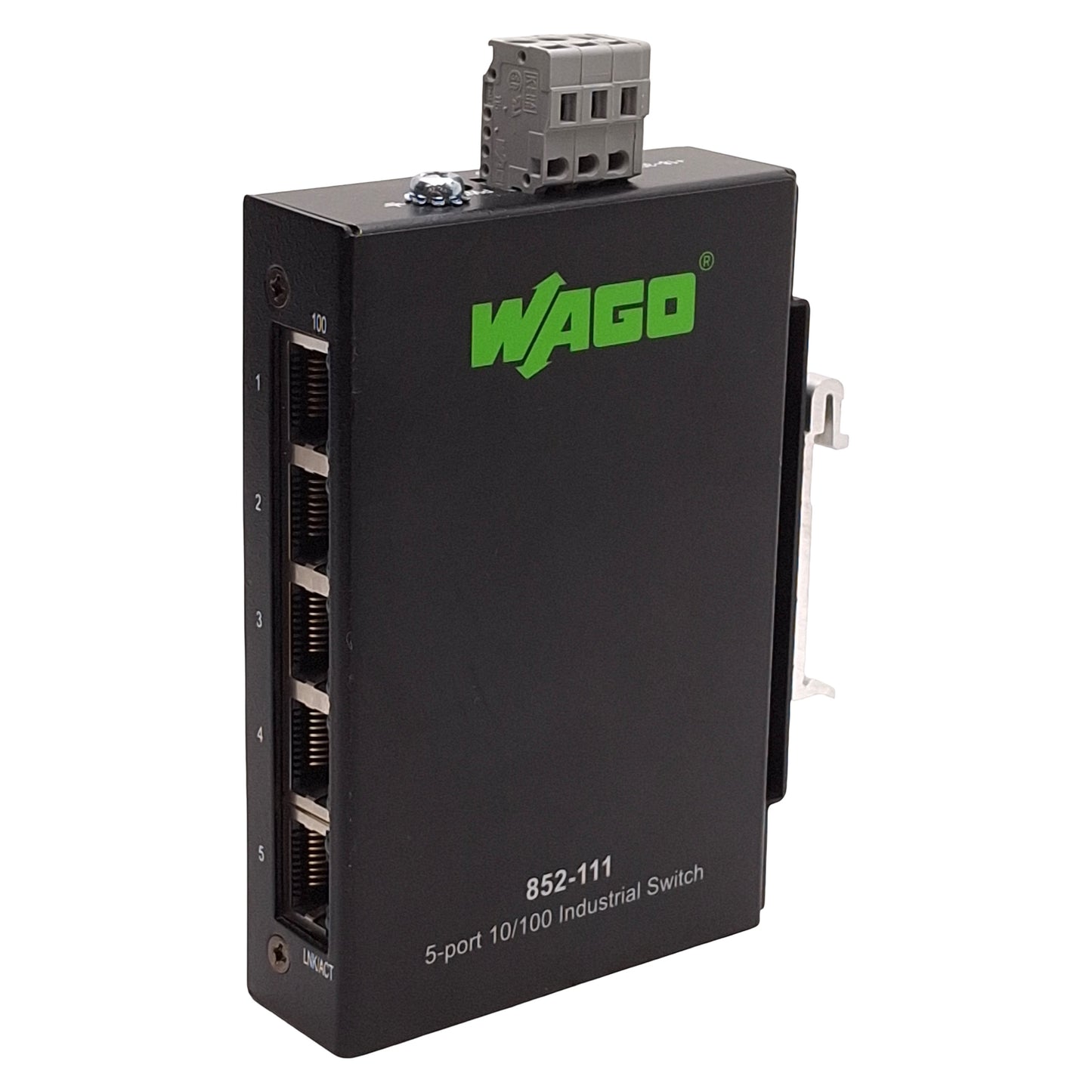 Used Wago 852-111 Industrial Ethernet Switch, 5-Port, RJ45, 18-30VDC, DIN Rail