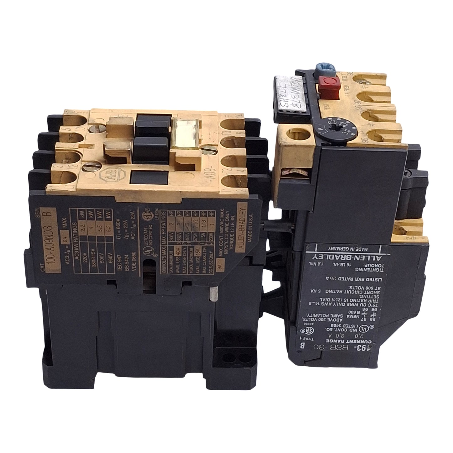 Used Allen Bradley 100-A09ND3 w/ 193-BSB30 Contactor & Overload Relay 5HP 120VAC Coil