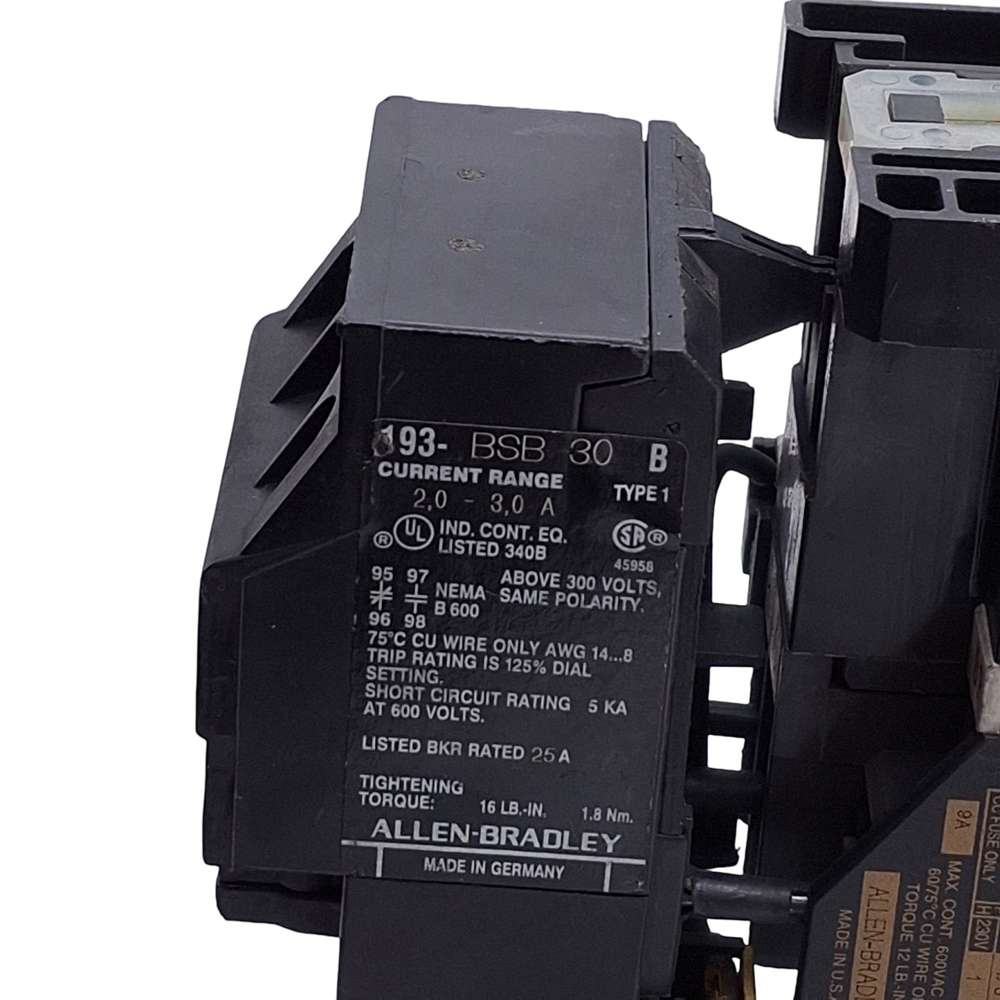 Used Allen Bradley 100-A09ND3 w/ 193-BSB30 Contactor & Overload Relay 5HP 120VAC Coil