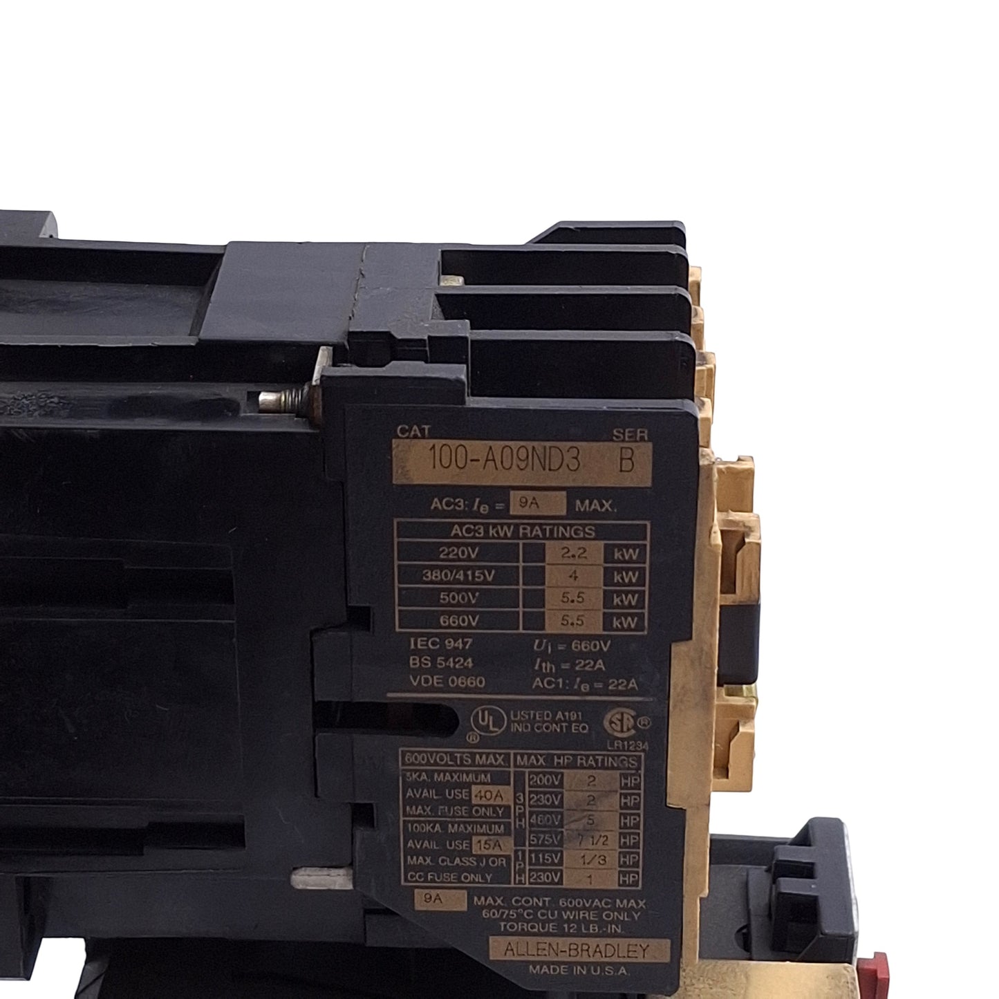 Used Allen Bradley 100-A09ND3 w/ 193-BSB30 Contactor & Overload Relay 5HP 120VAC Coil