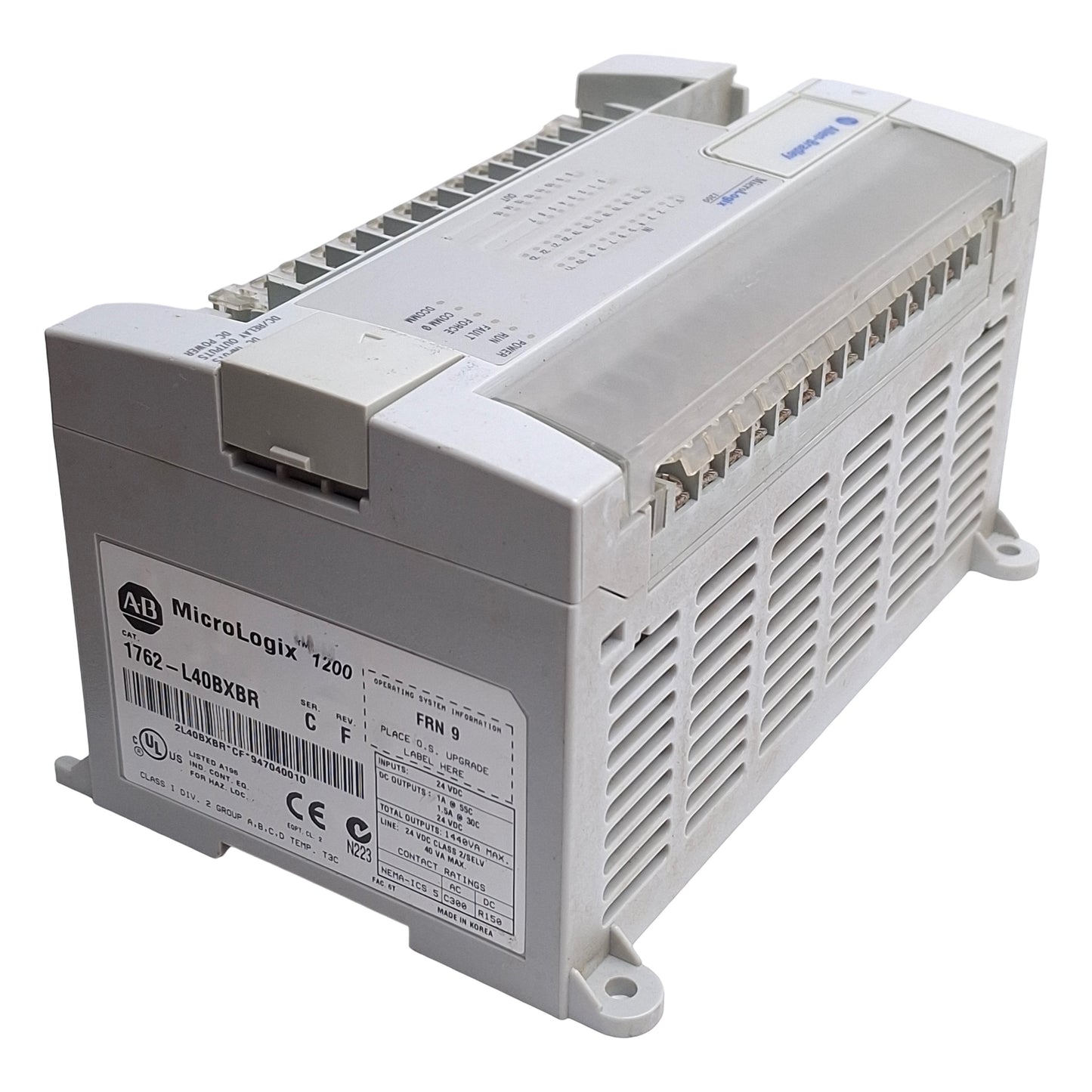 Used Allen Bradley 1762-L40BXBR Ser C FRN 9 MicroLogix 1200 PLC, 24x In, 16x Out