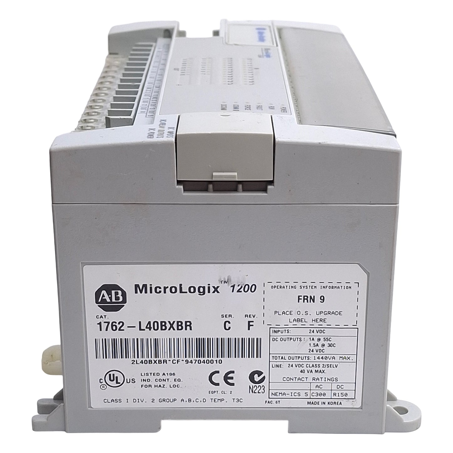 Used Allen Bradley 1762-L40BXBR Ser C FRN 9 MicroLogix 1200 PLC, 24x In, 16x Out
