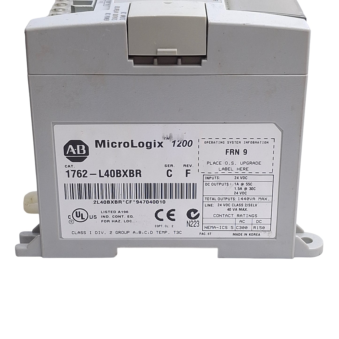 Used Allen Bradley 1762-L40BXBR Ser C FRN 9 MicroLogix 1200 PLC, 24x In, 16x Out